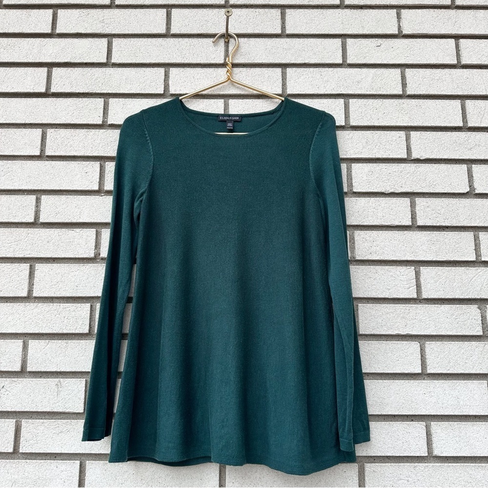 Eileen Fisher Tencel Lyocell Silk Round Neck Long Sleeve Sweater Emerald Green